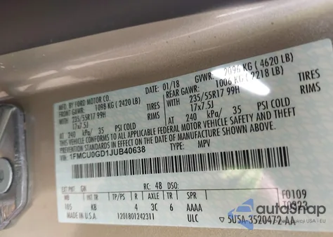 2018 Ford Escape Se из США, поврежденный, VIN 1FMCU0GD1JUB40638